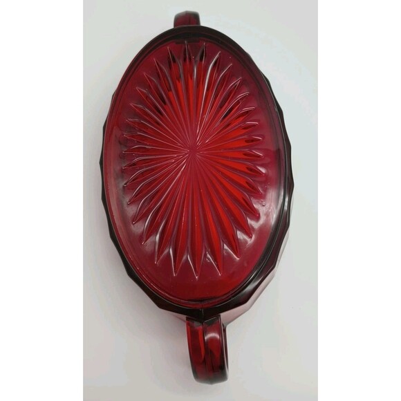 Vintage Ruby Red Glass Oval Handled Nut Dish Trinket Starburst - Picture 3 of 5